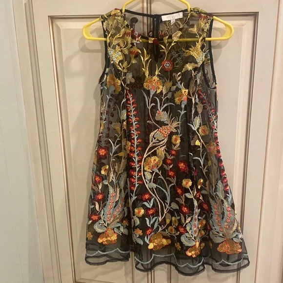 Anthropologie Eri + Ali Black Lace Tunic Dress with Floral Embroidery XSP - Picture 1 of 12